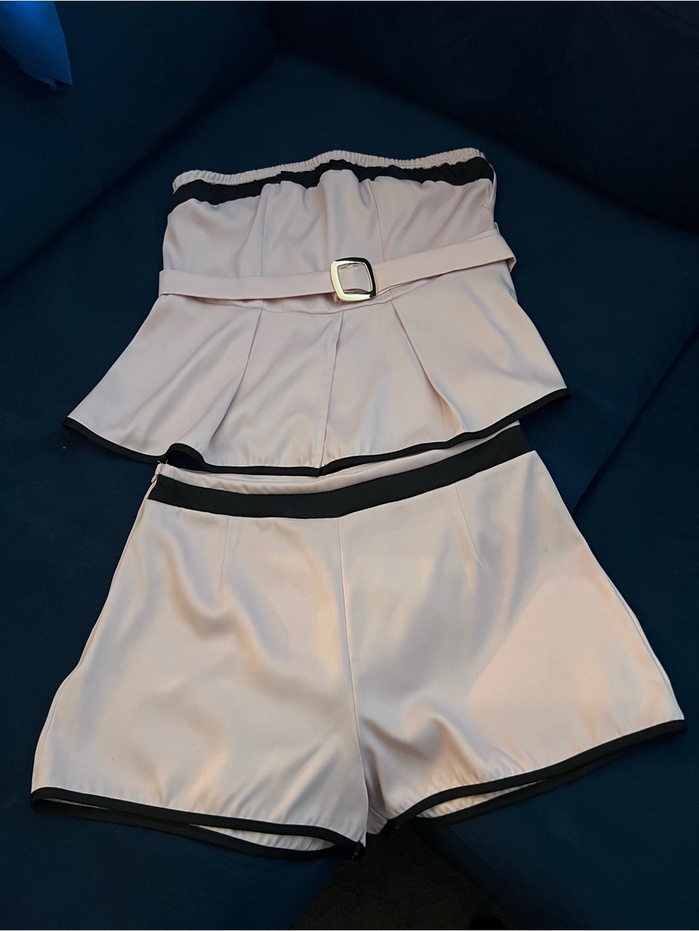 SHEIN Light Pink Two-Piece Strapless Peplum Top & Shorts Set with Black Trim